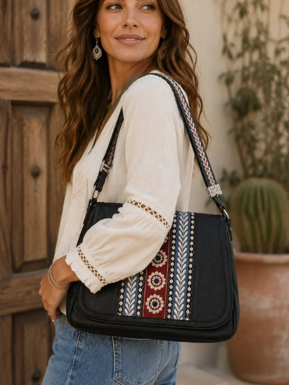 Brighton Bronte Organizer Bag Black Leather Embroidered Western Boho Shoulder